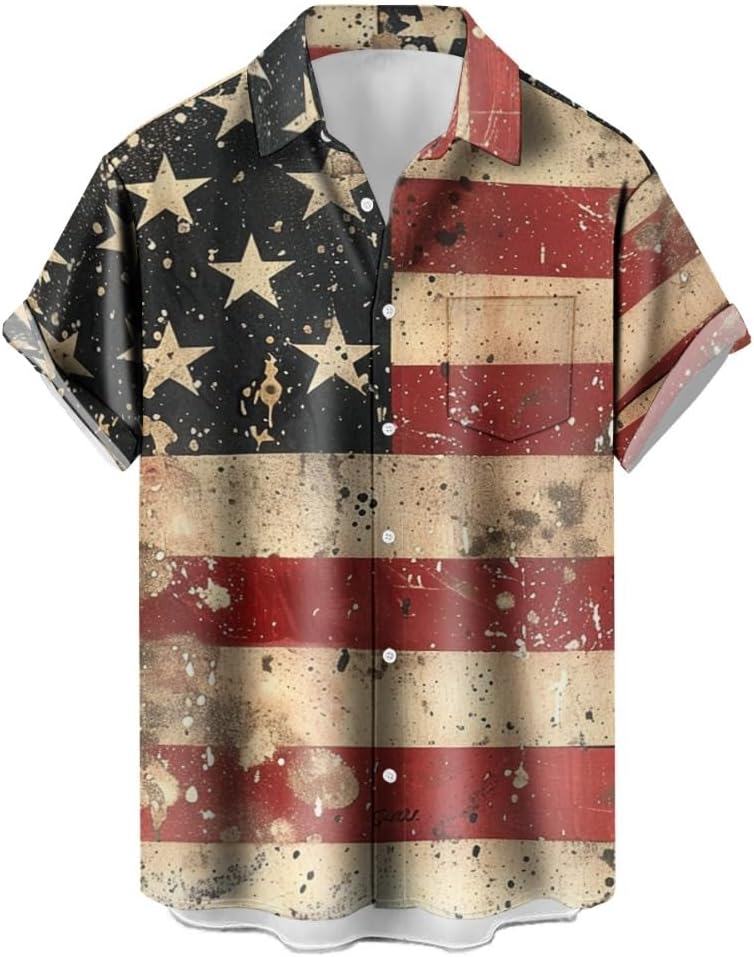 Holiday Loose-Fit Shirts for Men Independence Day Short-Sleeved Buttoned Down Hawaii Bowling Shirt