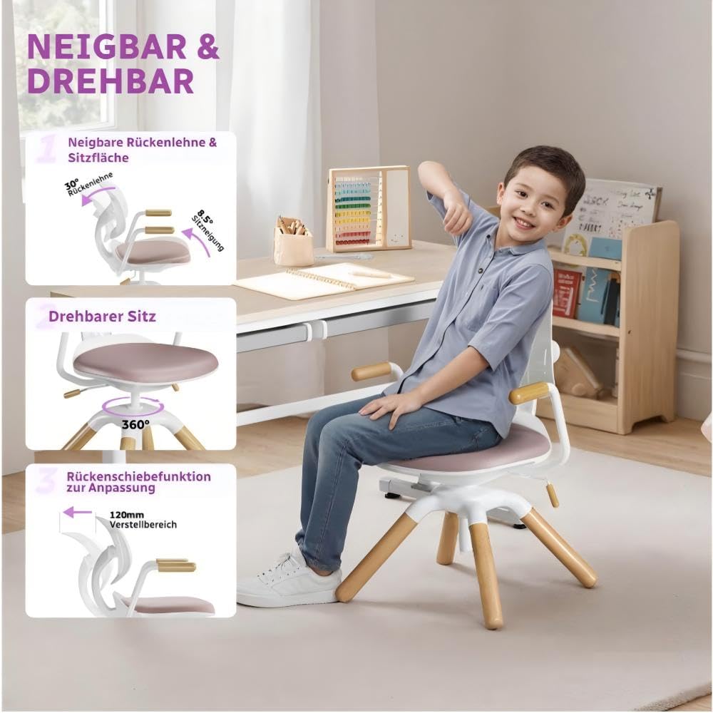 HOKO Kinderdrehstuhl höhenverstellbar, Jugendstuhl ohne Rollen, bis 120 kg | dynamisch mitbewegende Rückenlehne, Sitzhöhe von 40-50 cm, 360° drehbar, 30° neigbar, für Kinder ab ca. 125 cm, Rosa, LAURA