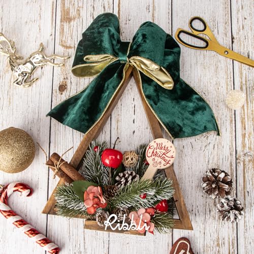 Image of Ribbli Forest Green Velvet Wired Ribbon 4 Inch Metallic Green Gold Crushed Velvet Christmas Ribbon for Gift Wrapping Christmas Tree Decoration Crafts Wreaths Supplies-Continuous 10 Yards