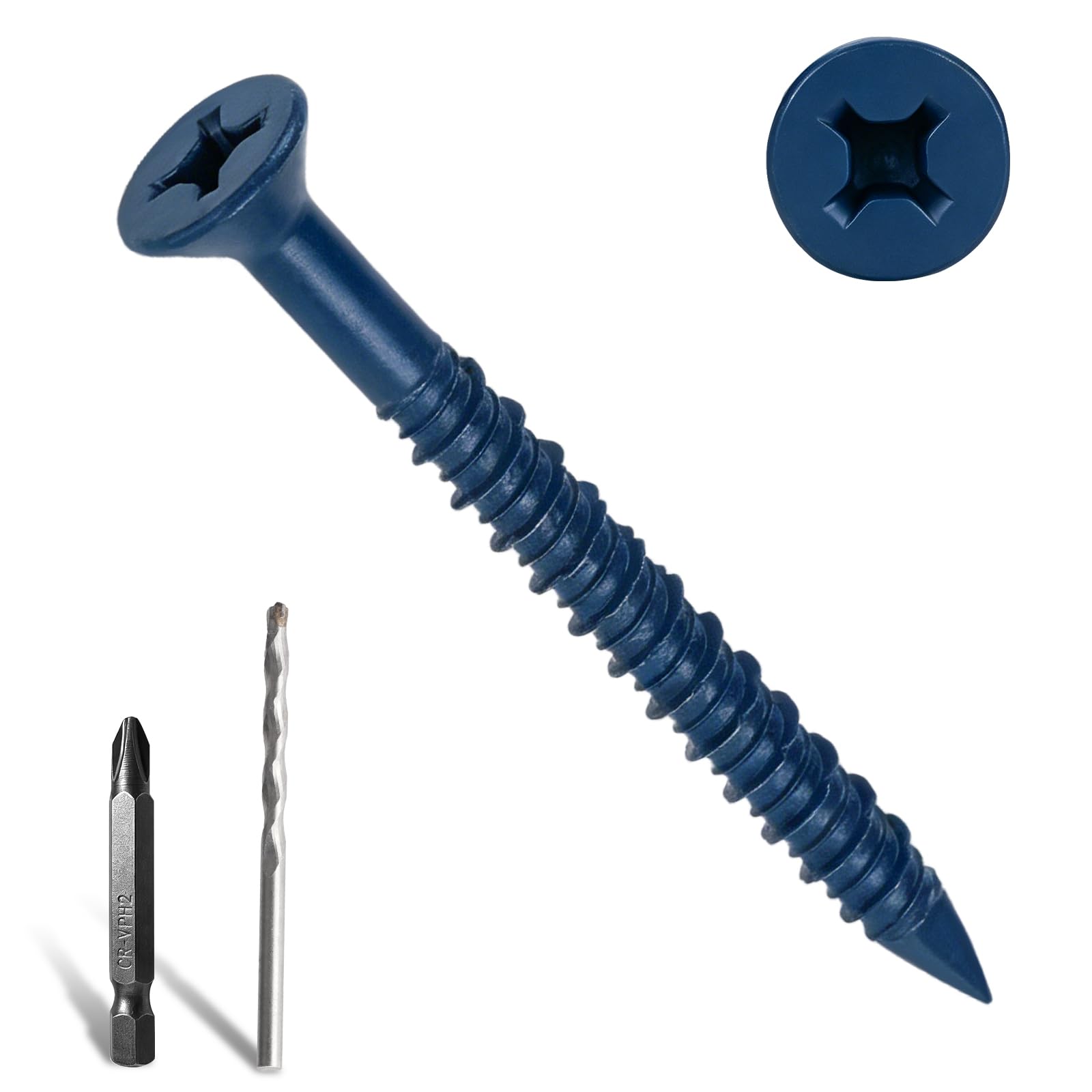 Home DIYer 30Pcs M6.5 x 70mm Blue Flat Head Concrete Screws Phillips Countersunk Masonry Anchor Screws with Drill Bit & Screwdriver Bit Diamond Point High-Low Thread for Brick Block Cement