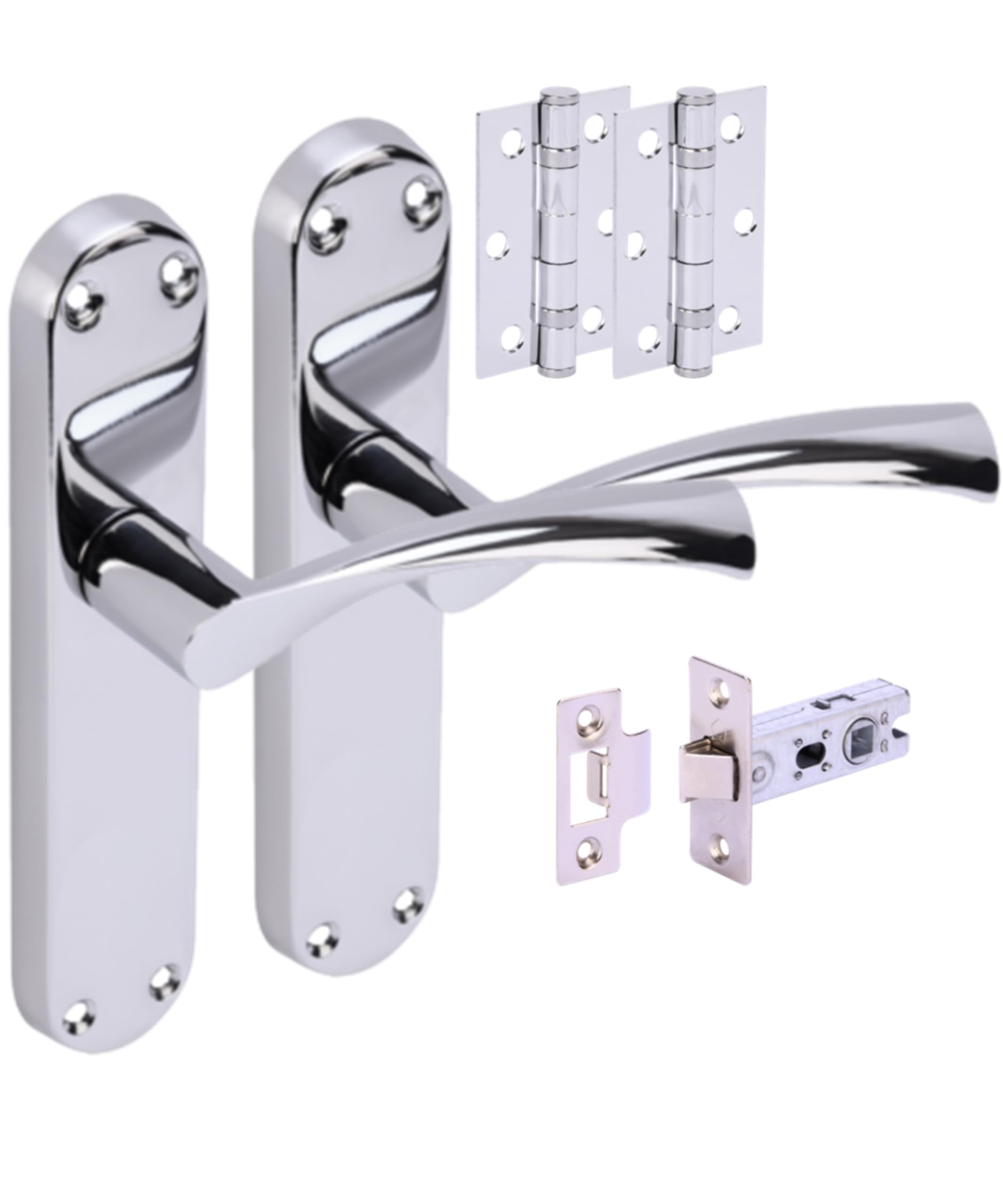 Hunta Polished Chrome Handlezone® Lobo Internal Door Handle Pack, Complete With Lever Handles On Backplate, Latch, Ball Bearing Hinges