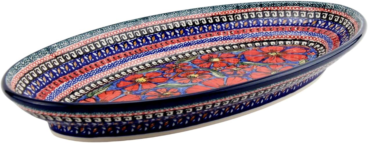 Polish Pottery Market Serving Platter, 14 ¼" L, 8" W, 1.8” D, Handmade by Zaklady Ceramiczne Boleslawiec – Made in Poland - Oval designed with raised edge.