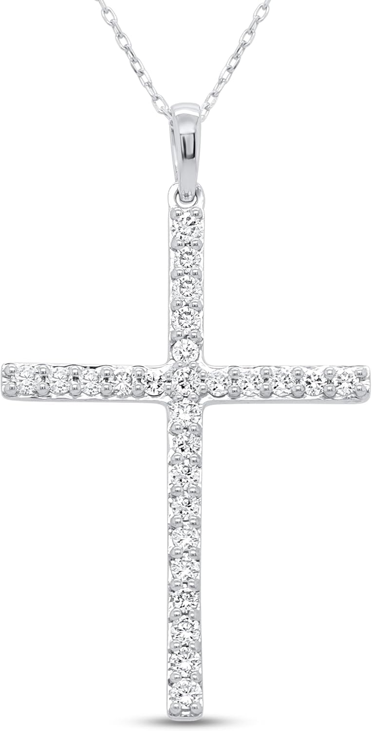 IGI Certified Lab Grown Diamond Cross Necklace 1/4 CTTW (VS2-SI1 Clarity, F-G Color) Sterling Silver or Yellow Gold Plated Silver - 18 Inch Chain