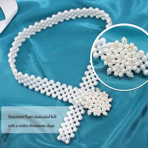 Miniatura 2 de Tgirls Cinturón de perlas para boda, banda elástica de cristal para mujer, cinturón de diamantes de imitación, cintura con cuentas blancas, S-2