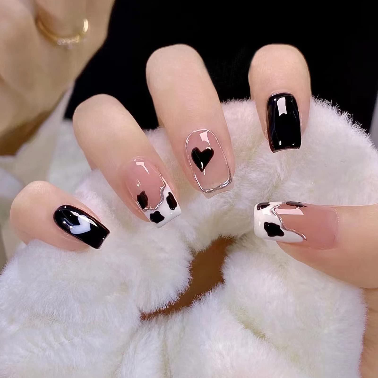 Photo 1 of 24 Pcs Valentine Press on Nails Short with Cute Heart Designs Full Cover Valentines Short Fake Nails Black White Heart Valentine’s Day Acrylic Nails for Women DIY Nail Decorations heart nail1