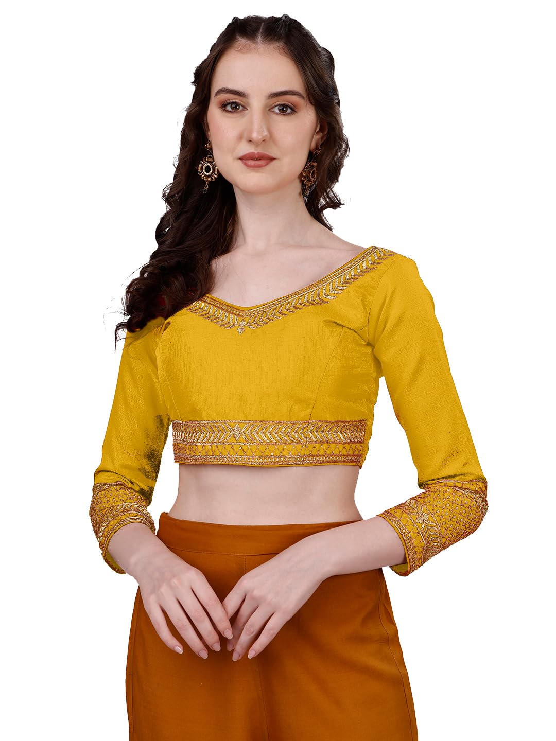 Pujia Mills Women's Milan Silk Heavy Embroidery With Sequins Worked Full Sleeve Fancy Saree Blouse Yellow(Charlie Yellow)