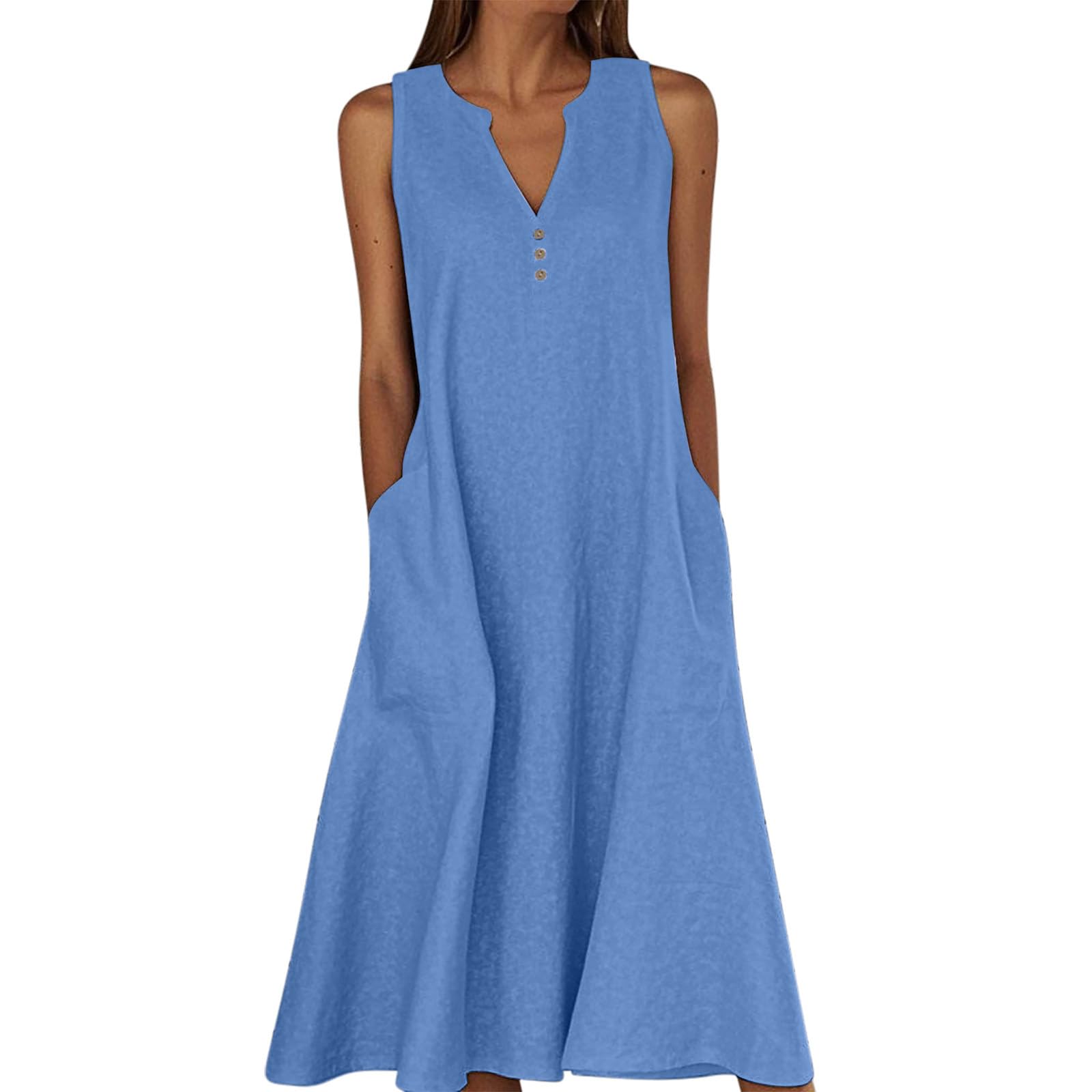 Sommerkleid Damen Lang,Ärmellose Maxikleid V-Ausschnitt Tankkleid Strandkleider Hohe Taille Lange Lockere Knielang Kleid Elastischer Taille Basic Solide Freizeitkleid T Shirt Tunikakleid mit Taschen