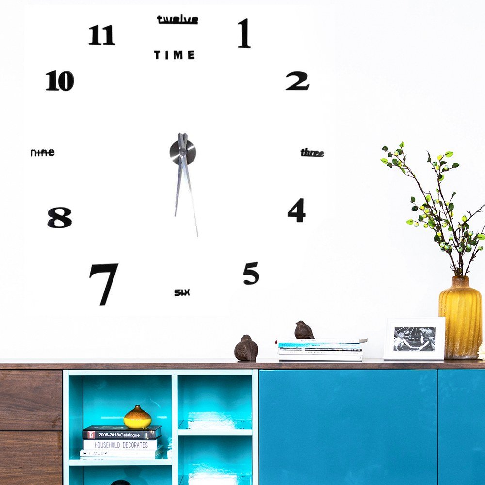 EBTOOLS DIY Wall Clock, 3D DIY Wall Clock Decor Sticker Mirror Frameless Large DIY Wall Clock Kit for Home Office Decor Watch Decorations (Black)