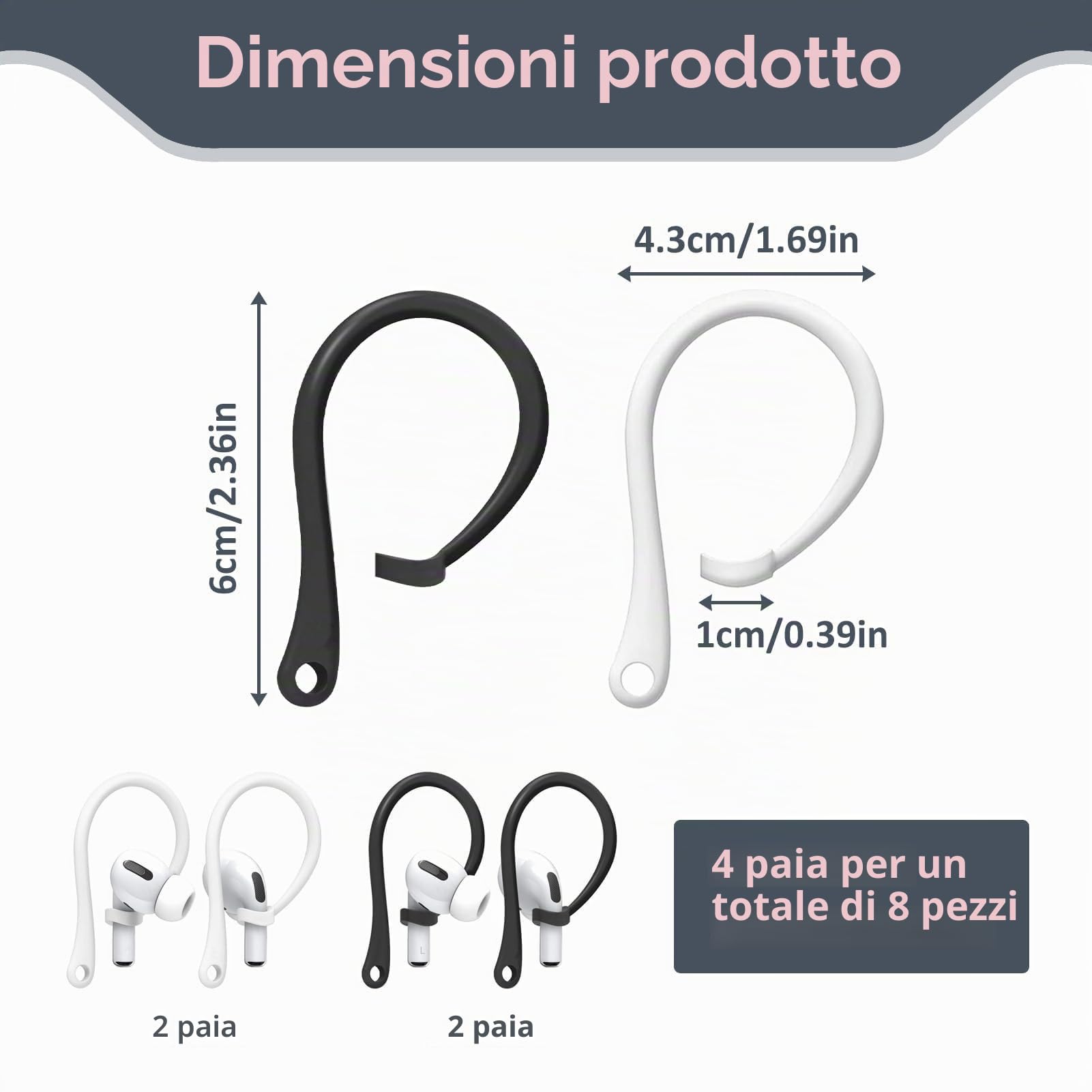 4 Paia Ganci per le orecchie Compatibili con AirPods 3 e AirPods 4, design sicuro e regolabile per attività outdoor, fitness e sport, per correre, ciclismo, con materiale TPU morbido e durevole