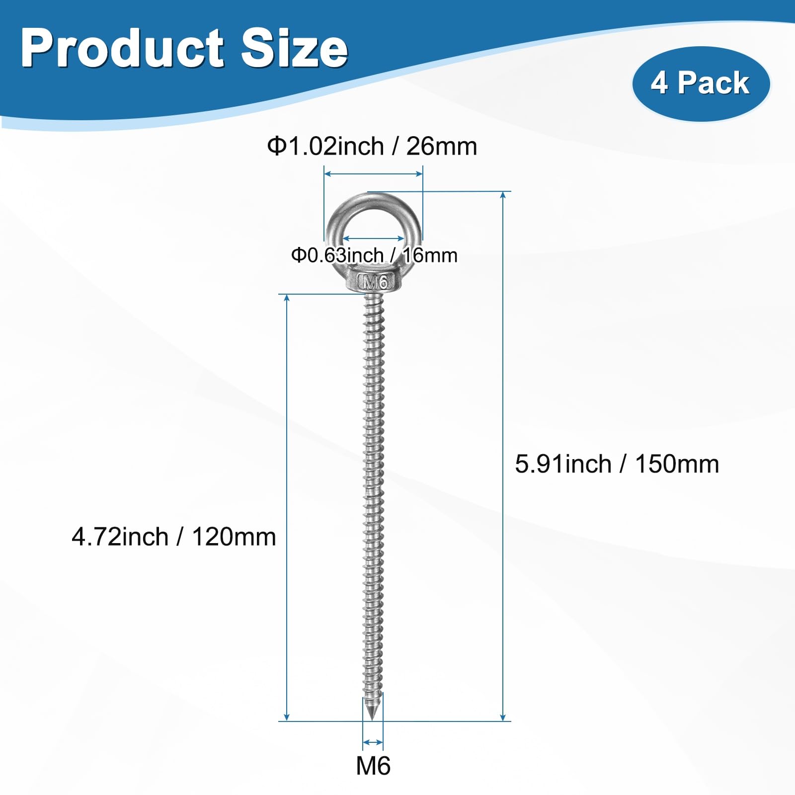 M METERXITY 4-Pack 304 Stainless Steel Eyebolt M6x120mm Shoulder Lifting Eye Bolt Self Tapping Eye Bolts for Wood Securing/Swing/Hanging Hammocks Silver - Image 3