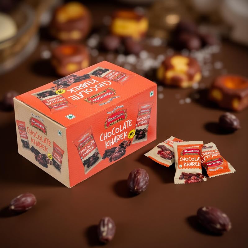Image of SHANTABA MUKHWAS Chocolate Kharek Chocolate Covered Dry Dates Stuffed with Almonds, Paan & Gulkand | Sweet & Nutty Energy Snack with Cardamom, Saunf & Caramel Flavor (Pack of 30 Pcs)