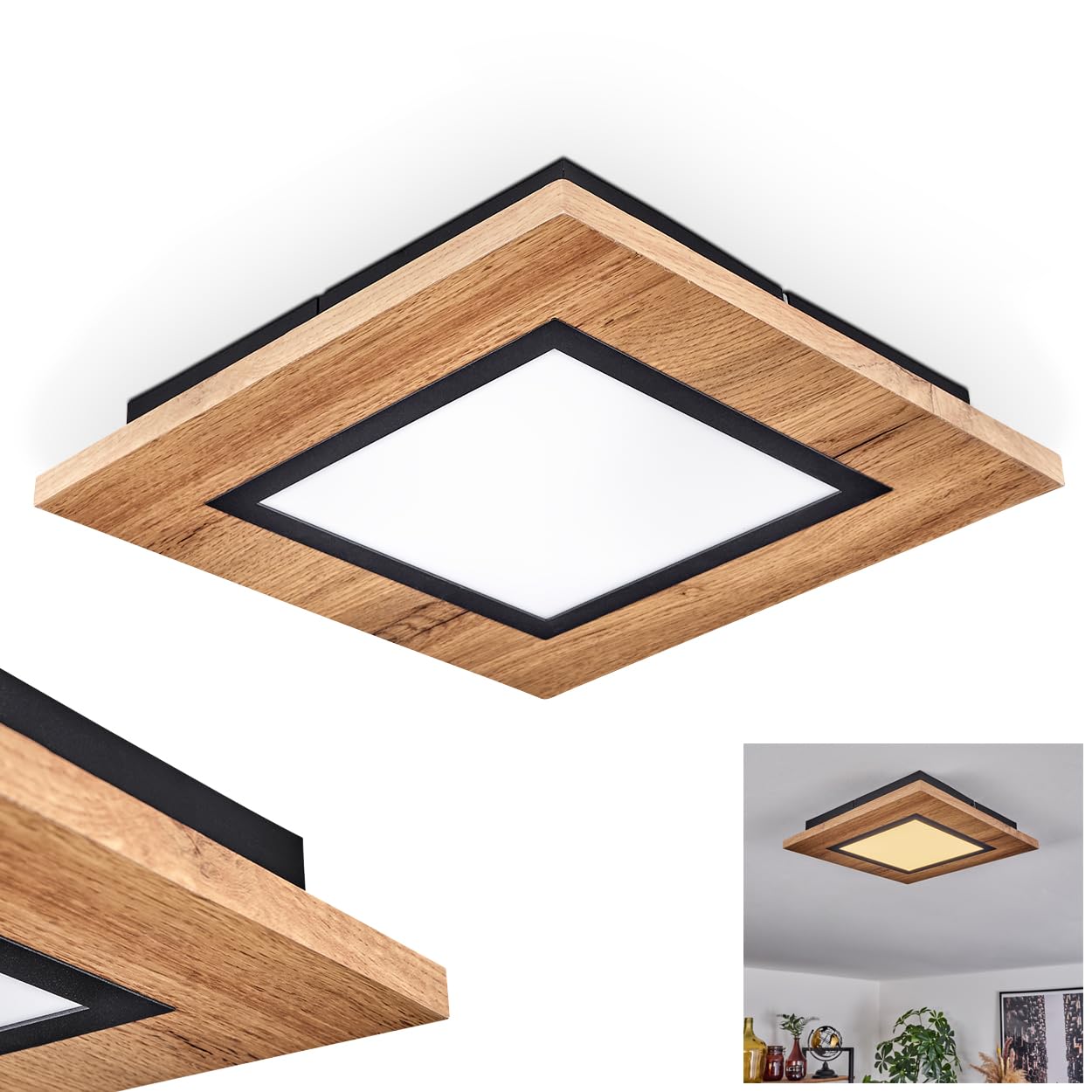 Lampa przysufitowa LED Salmi, lampa przysufitowa wykonana z metalu/MDF/plastiku w kolorze czarnym/o wyglądzie drewna/brązowym/białym, światło kątowe (30 cm x 30 cm), 1200 lumenów, 3000 K, LED 12 W