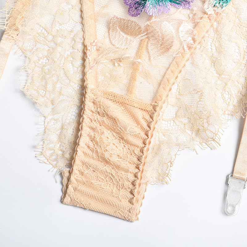 Lingerie sexy femme pour soirée romantique en ensemble jarretières trois pièces dentelle brodée - 6