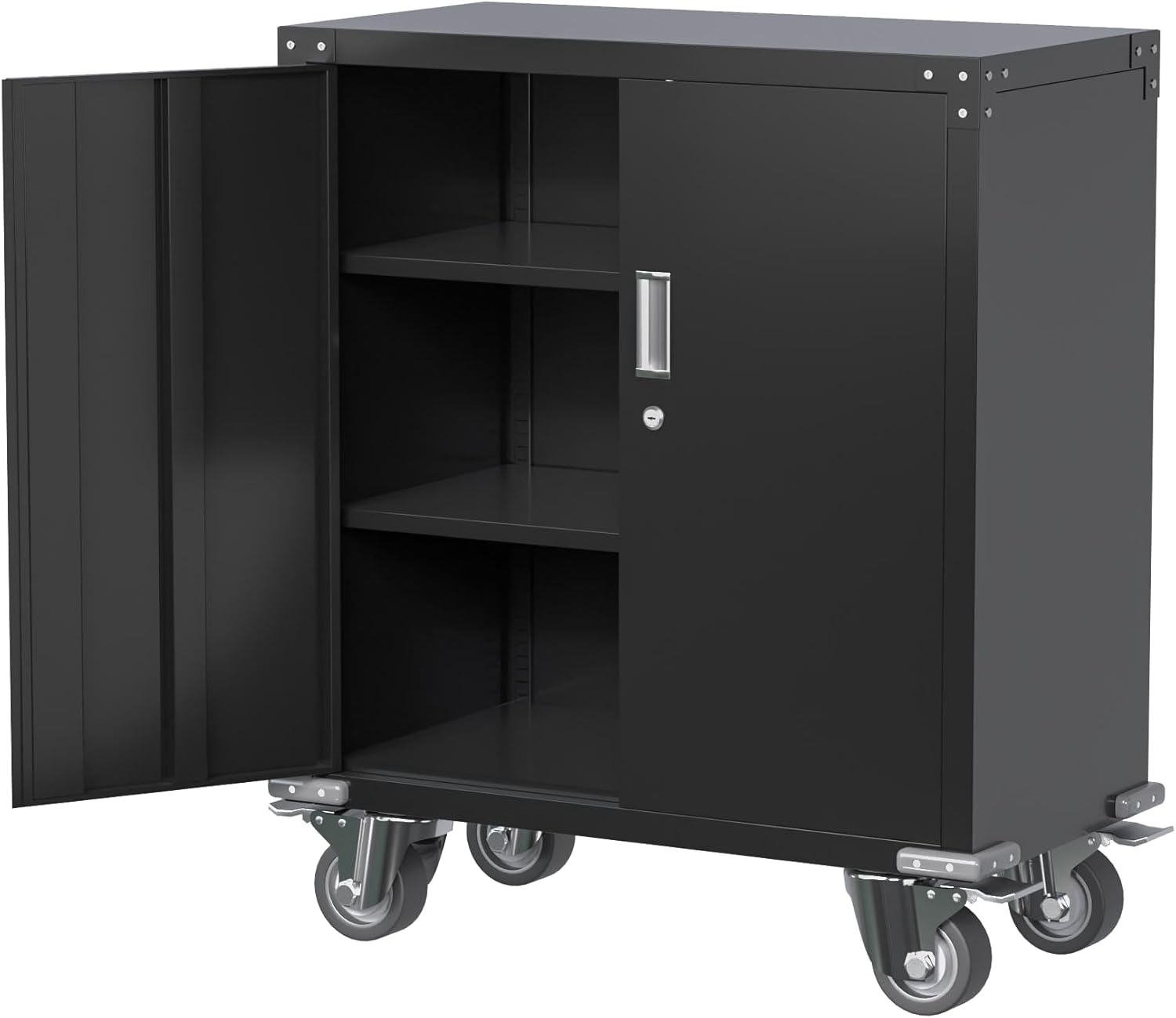 Black Steel Lockable Office Cabinet with Adjustable Shelves and Wheels