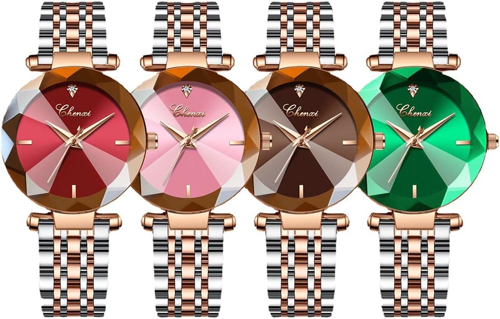 FANMIS Women's Luxury Dress Rhinestone Stainless Steel Waterproof Quartz Date Luminous Casual Watch Silver Green (Rose Gold M) (001)
