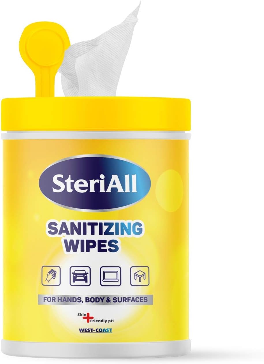 West-Coast SteriAll Sanitizing Disinfectant Wipes for Hands, Body and Surfaces 50 Wipes (2 Canister Jar) Pack of 2