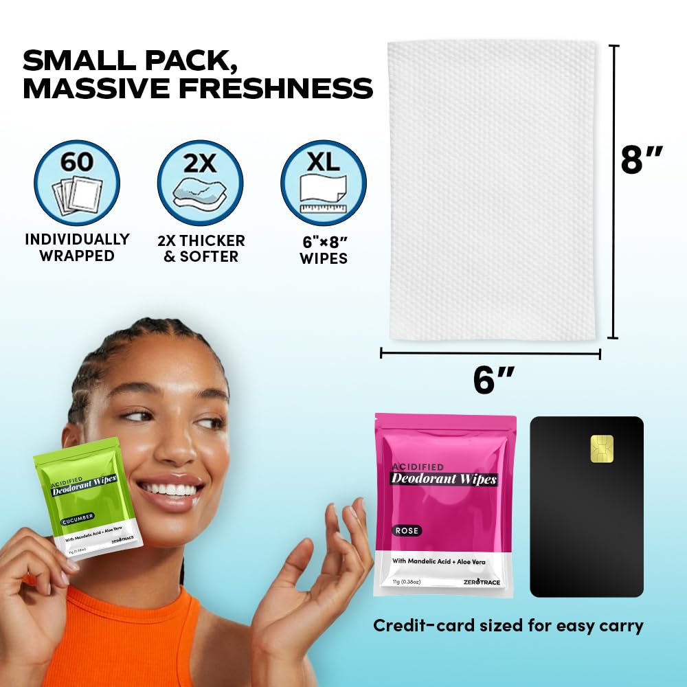 ZERO TRACE Zero Trace - Toallitas desodorantes de viaje, 60 unidades, control de olores 24 horas, hipoalergénicas, sin aluminio, para hombre y mujer