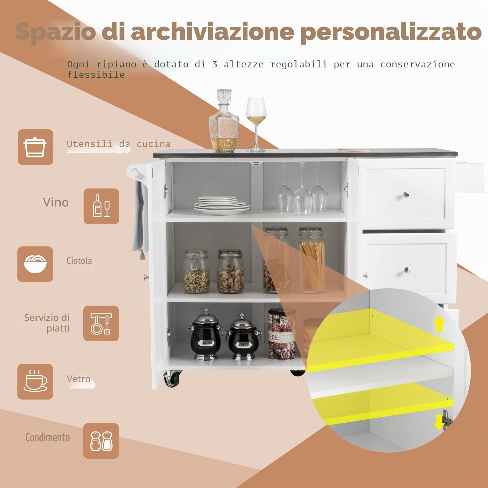 GIANTEX Carrello da cucina con piastra in acciaio inox, armadio da cucina con ruote, isola mobile con 3 cassetti e ripiani regolabili, carrello da servizio, carrello da cucina, carrello da cucina, 135