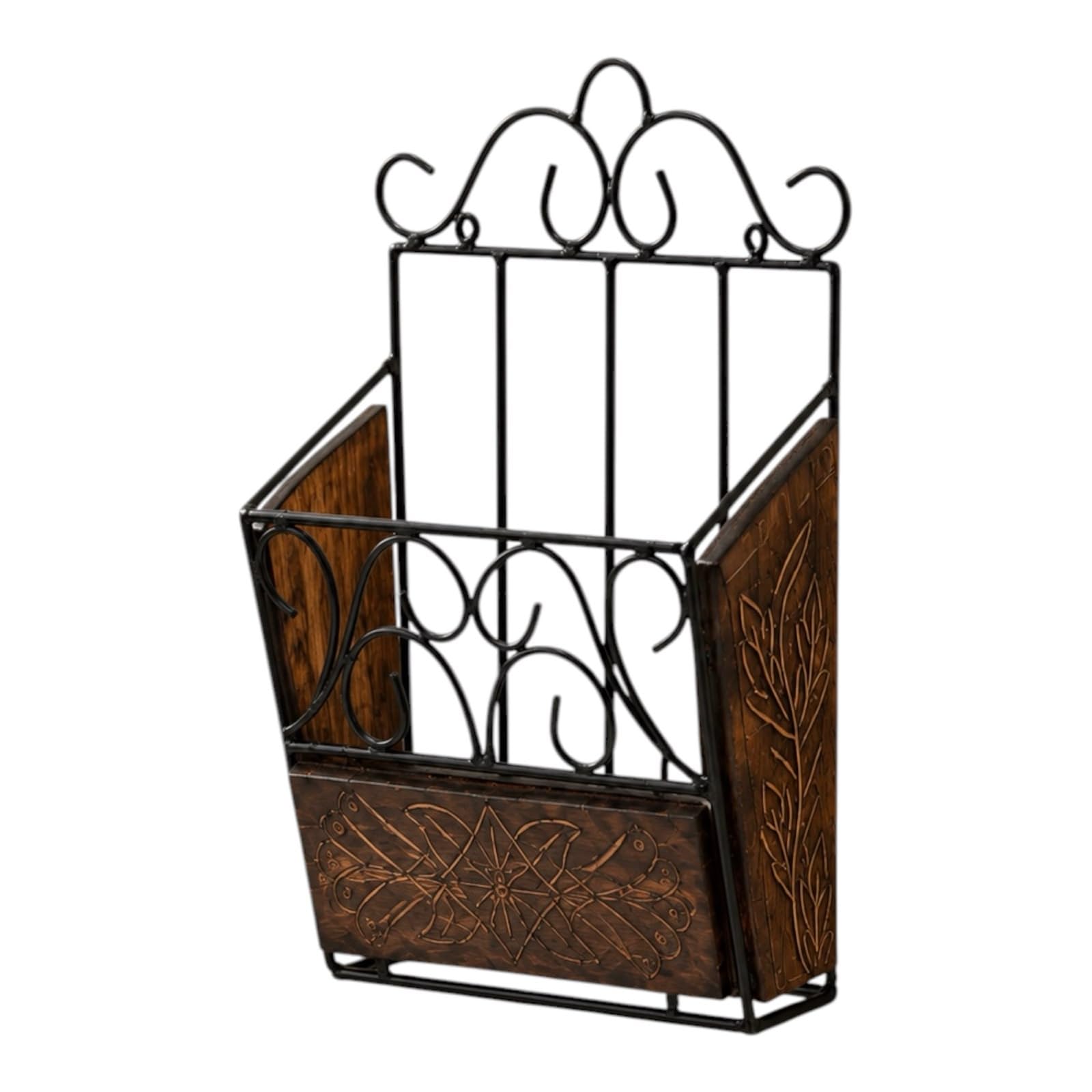 Wooden Magazine Holder with Metal Frame, | Wood & Metal Build, Carved Floral Design, Spacious Storage, For Home & Office, Organises Mail & Files-picture-29