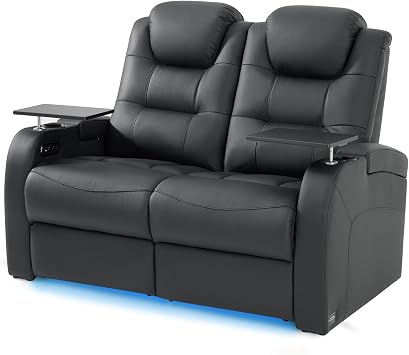 comfiroom Home Theater Seating Simple Style Seats Top Grain Leather Loveseat Recliner Chair Dual Power Movie Theater Chairs Gaming Sofa with Tray Table Black, Row of 2 Loveseat