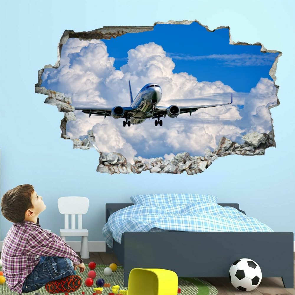 3D Smashed Wall Effect Avion Stickers Muraux Imperméables Art Amovible Blanc Nuages Et Bleu Ciel Sticker Mural pour Enfants Garçons Filles Nursery Home Chambre Décoration Murale