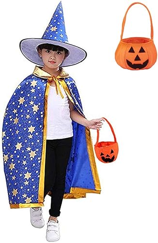Miniatura 7 de Capa de bruja de mago con sombrero y bolsa de calabaza, accesorios de disfraz de Halloween para niños, fiesta de cosplay