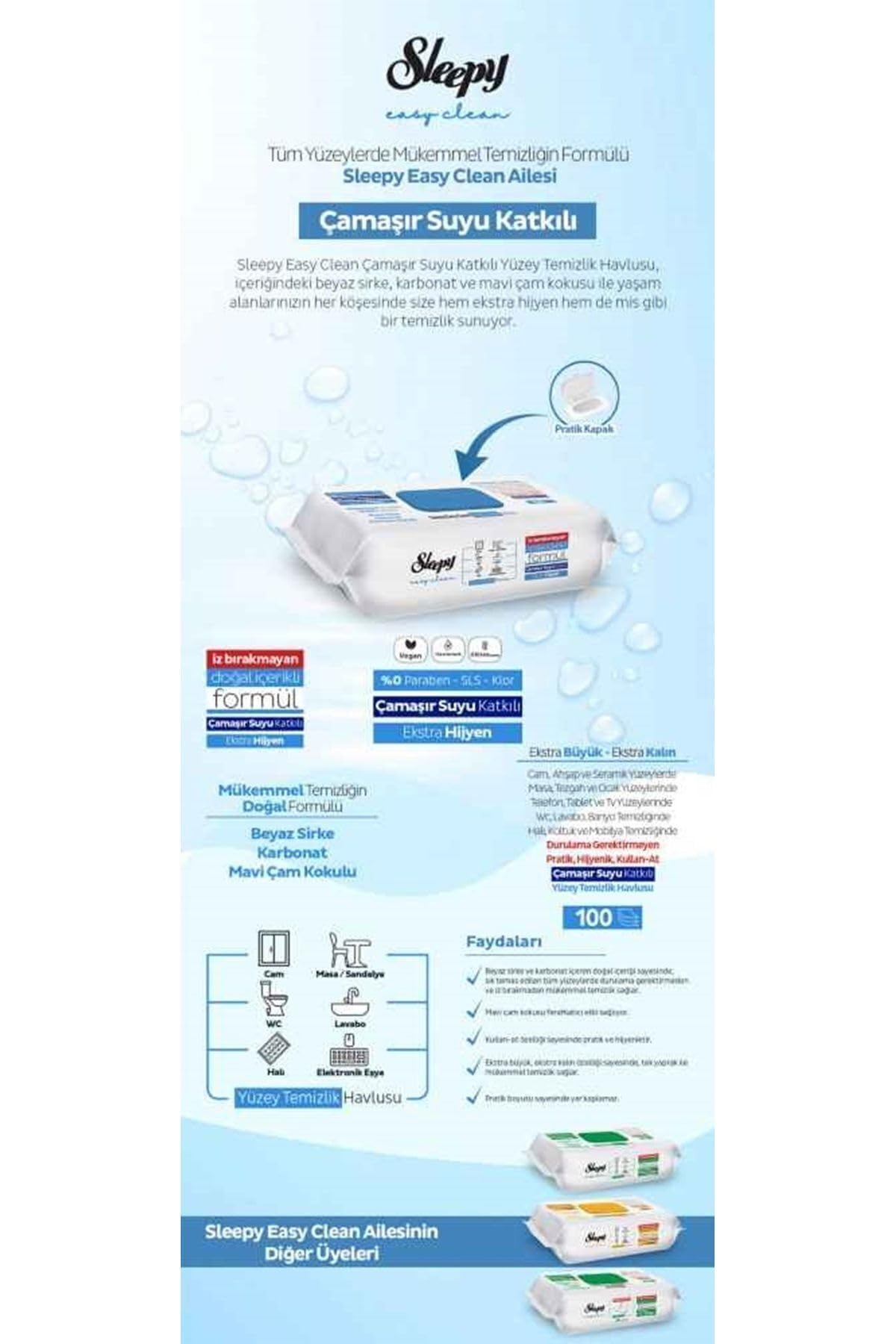 Sleepy Easy Clean Yüzey Temizlik Havlusu 100 lü 3 Paket (300 YAPRAK) HEDİYELİ