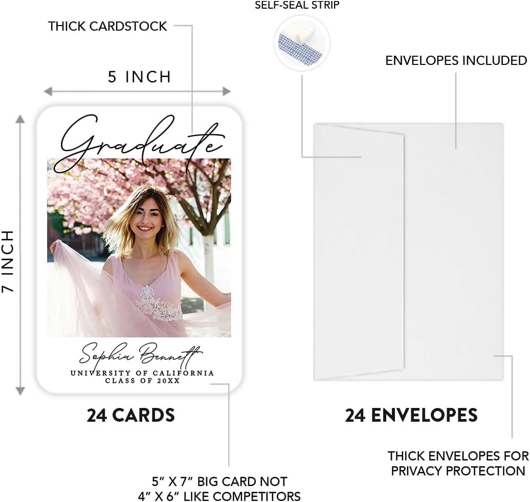 Andaz Press 24-Pack, 5x7-Inch Personalized Photo Graduation Announcement Cards 2026 with Envelopes, Custom Rustic Class of 2026 Postcard for High School, College Custom Graduation Cards Grad
