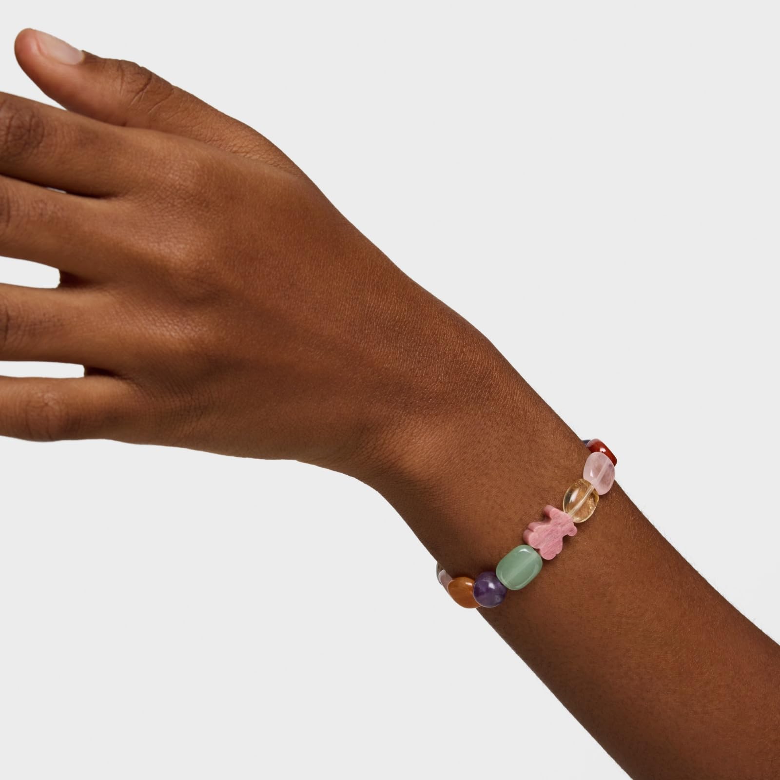 TOUS Damen Rhodonit Kugeln Elastisches Armband mit Sterling Silber Bär Muster, Länge 17cm, jung und frisch, Icon Color Kollektion