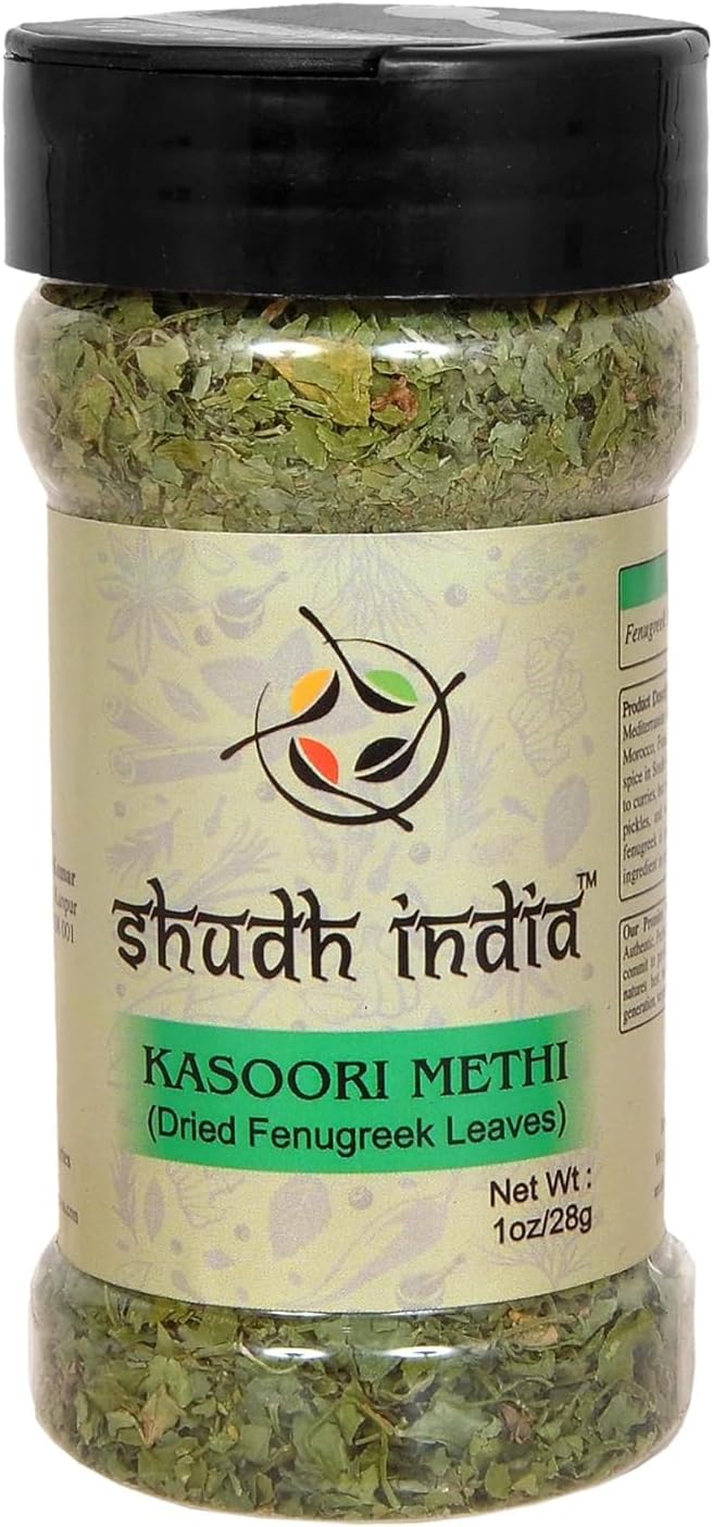 Shudh India 100% Pure Dried Fenugreek Leaves (Kasoori Methi), 1oz (28g), All Natural, Salt-Free, No Added Preservatives, Strong Aroma, Whole Leaves, Vegan, No Color, Gluten Free, NON-GMO, Indian