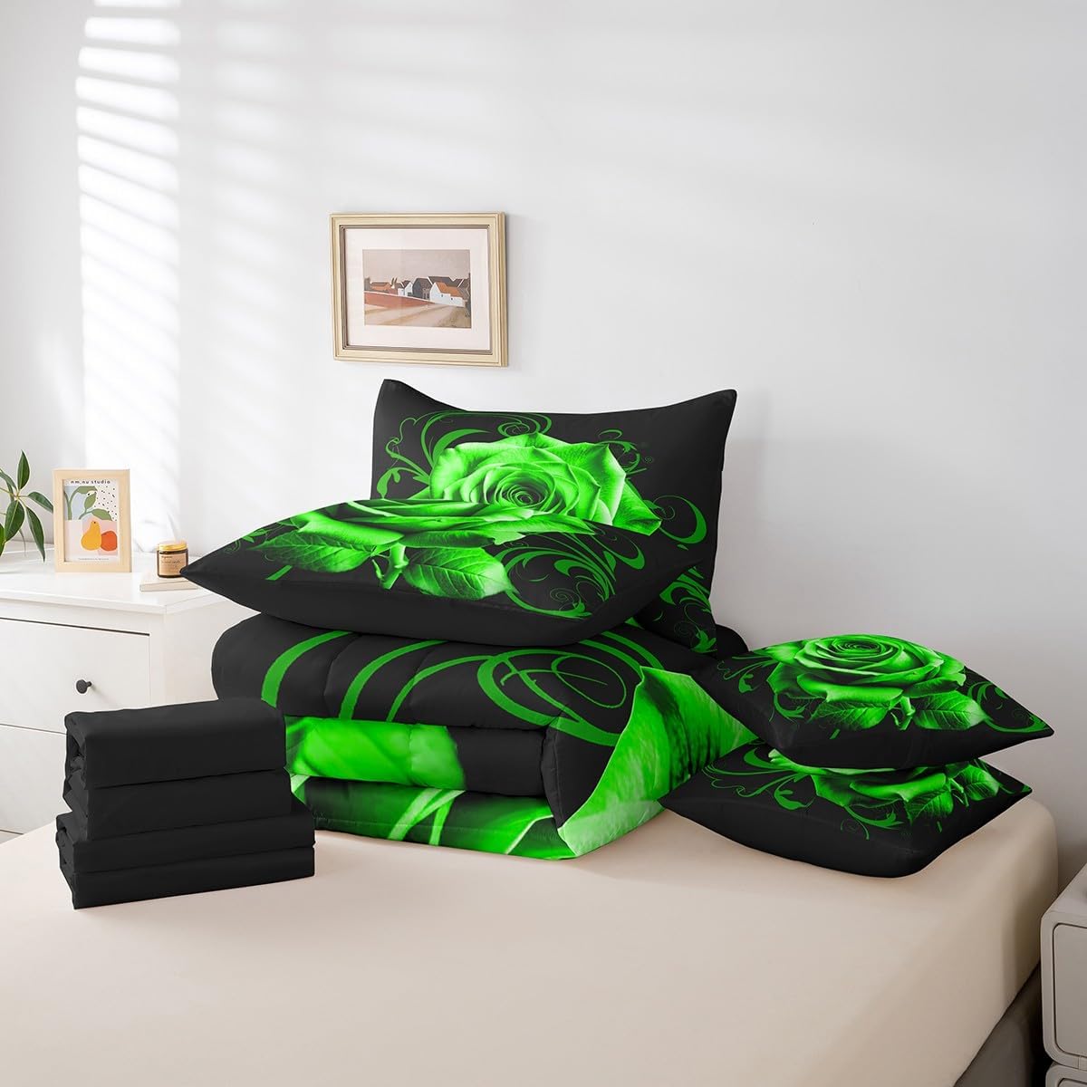 Feelyou Green Rose Comforter Set with Sheets 7 Piece Queen Size Rose Floral Flower Bed in a Bag Garden Flower Bedding Set Romantic Valentine's Day Bed Set with Comforter, Sheets,Cushion Covers