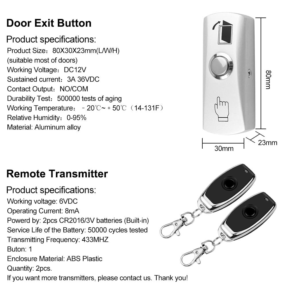 Kabelloses Zugangskontroll-Fernentriegelungsset+Elektrisches Riegelschloss+Metall-Ausgangstaste+ 2 Stück 433MHz-Sender