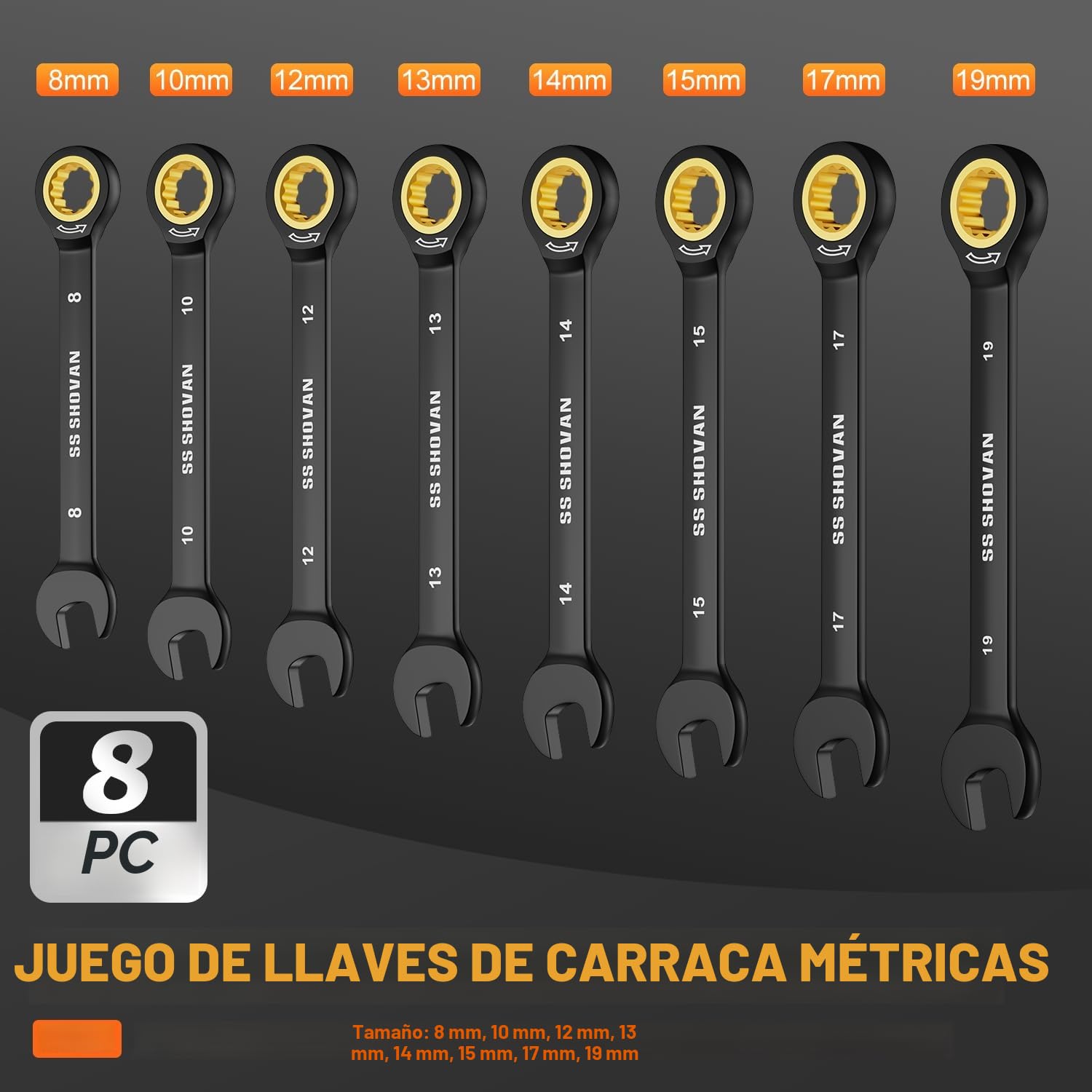 ss shovan Juego de Llaves Fijas con Carraca - 8 Piezas Juego de Llaves Combinadas de Trinquete con caja de Almacenamiento, 8-19 mm Acero al Cromovanadio 72 Dientes - 8, 10, 12, 13, 14, 15, 17, 19 mm