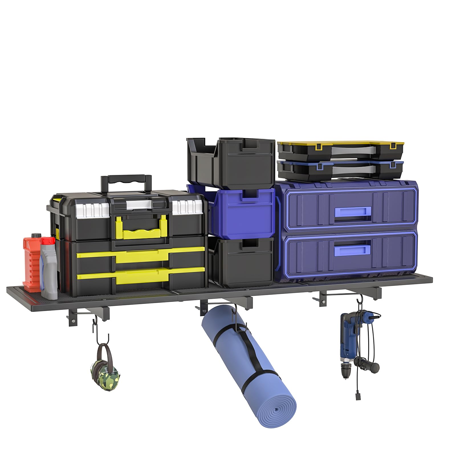 Scaffalatura da parete per garage, 116 x 32,6 cm, mensola per garage da parete, resistente, capacità 81,6 kg, scaffale galleggiante con 4 ganci, organizer in metallo nero per cantina, officina