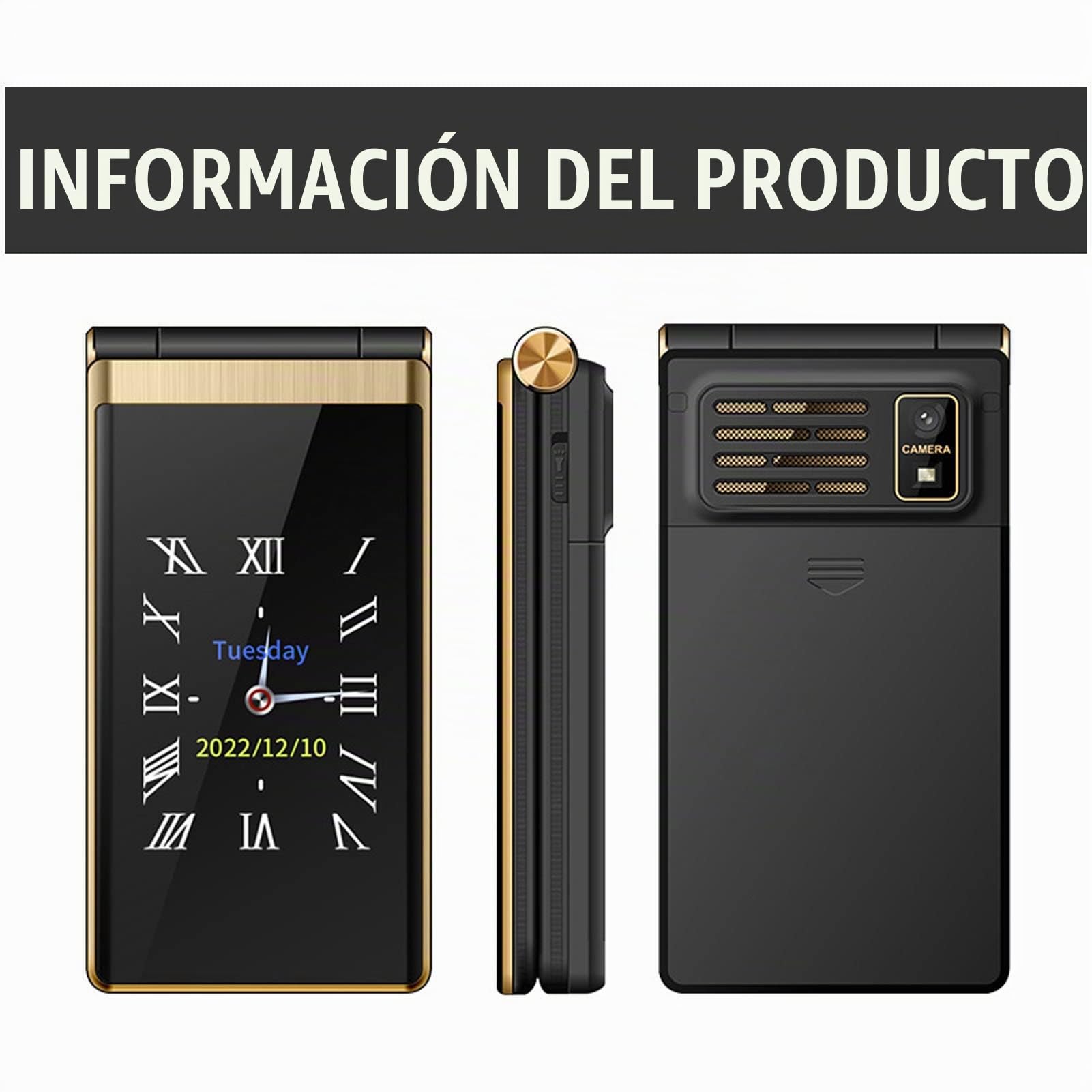 Teléfono Flip para Mayores con Botones Grandes, Móvil gsm para Mayores con Botón SOS, Linterna, Altavoz, Radio, Pantalla Dual, Cámara, 8 Números Familiares (Oro)