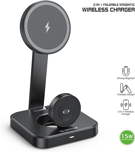 Miniatura 3 de Esoulk Cargador inalámbrico 2 en 1 de 15 W, estación de carga rápida magnética plegable para iPhone, Apple Watch y reloj inteligente