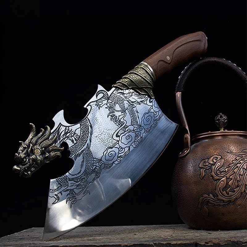 Meat Cleaver Knife, 9 Inch Chopper Knife Butcher Machete Cutter Bone Handmade Longquan Kitchen Knives Poultry Tools Copper Dragon Head Decor Hatchet