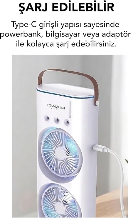 Masaüstü Vantilatör Taşınabilir Buzlu Su Spreyli Çift Katlı Fan Rgb Led Şarjlı Kumandalı 6000 RPM