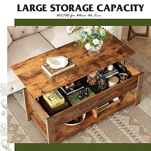 Image of WLIVE Coffee Table, 47 inch Lift Top Coffee Table with HiddenCompartment and 2 Storage Shelves for Living Room, RusticBrown