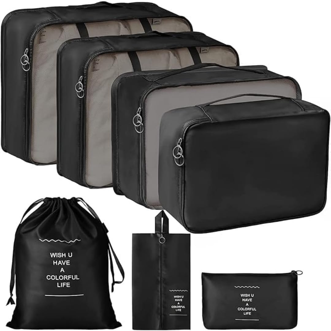 Sprqcart Polyester 7 Set Travel Organizer Bag 3 Packing Cubes + 3 Pouches + 1 Toiletry Organizer Bag (Black, 10 Cm, 11 Cm)