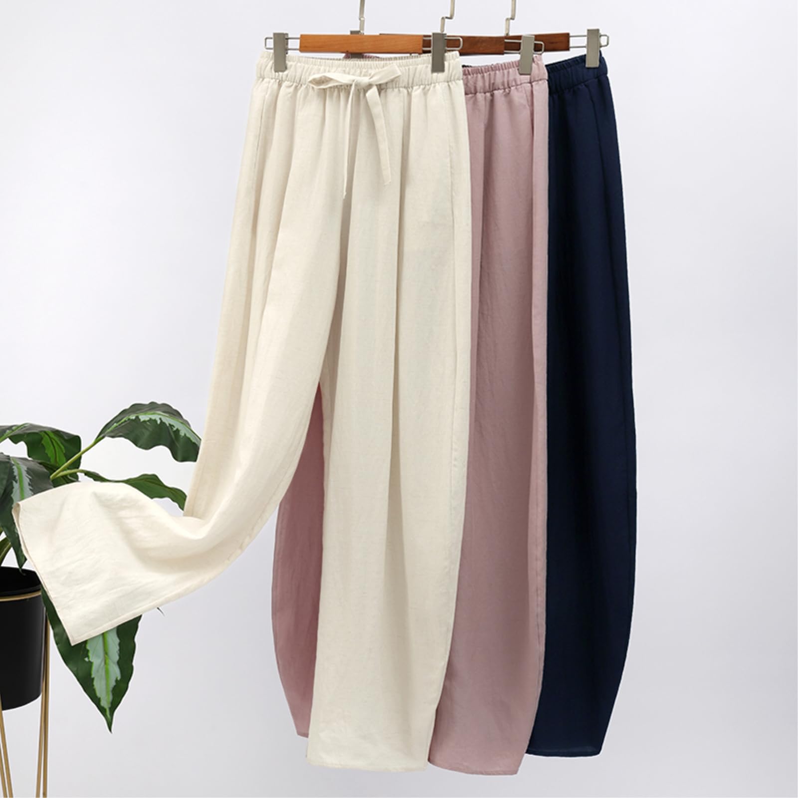 Damen Jeans Hohe Taille, Drapierte, Schlankende Breitbeinhose Für Damen, Leichte Und Atmungsaktive Leinenhose -Marine-s
