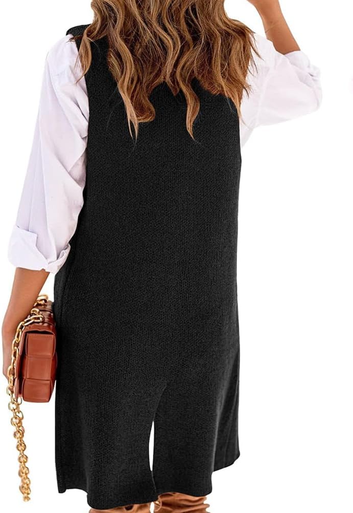 Kinghua Sweater Vest Women Fall Winter Clothes V Neck Button Down Knit Sleeveless Long Cardigan Sweaters with Pockets