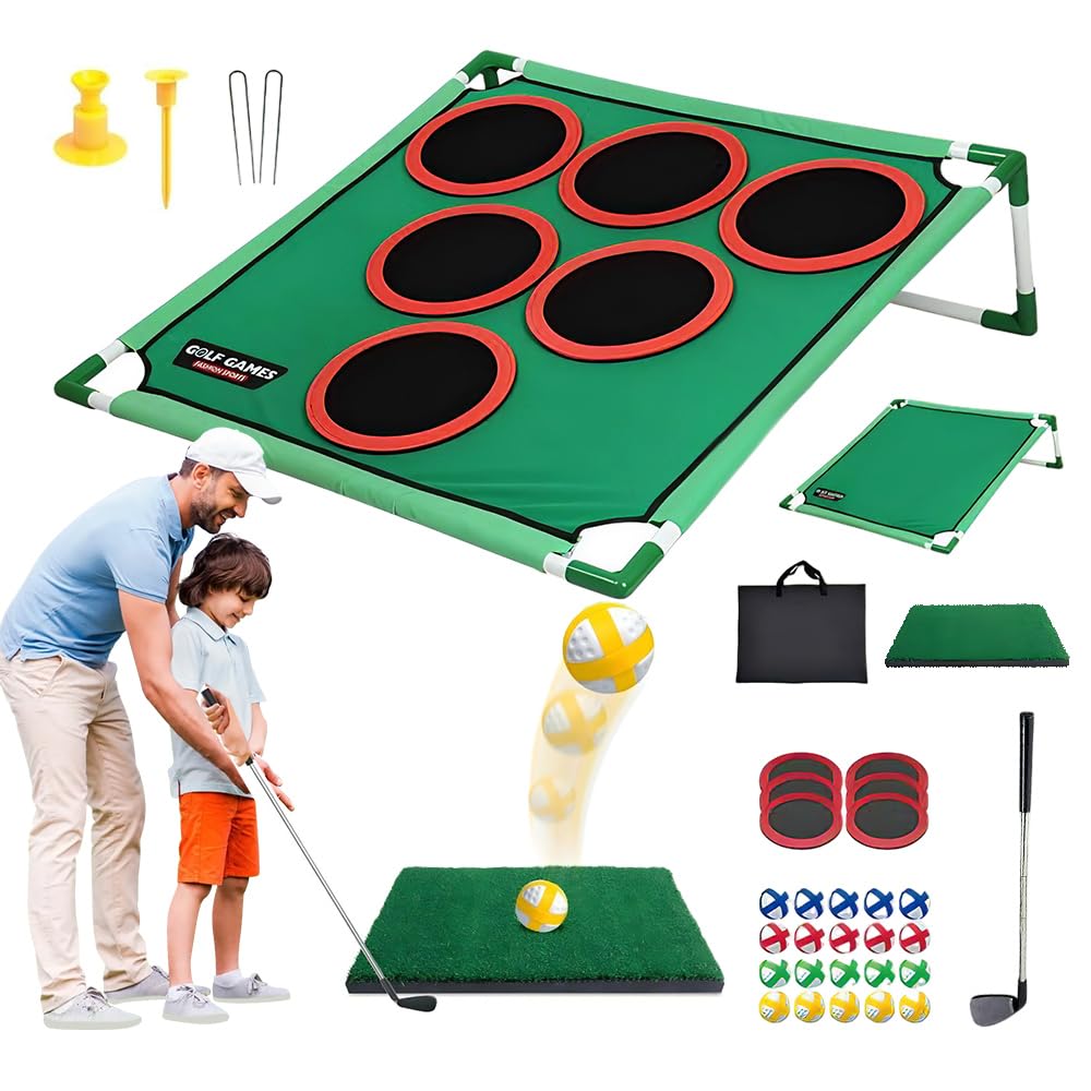 HoldOneLight Golf Indoor/Outdoor Game Set – Chipping Target, Golf Hitting Mat, Putter, 20 Balls, 6 Removable Rings, 2 Ground Stakes & Carry Bag for for Home, Garden & Beach Play