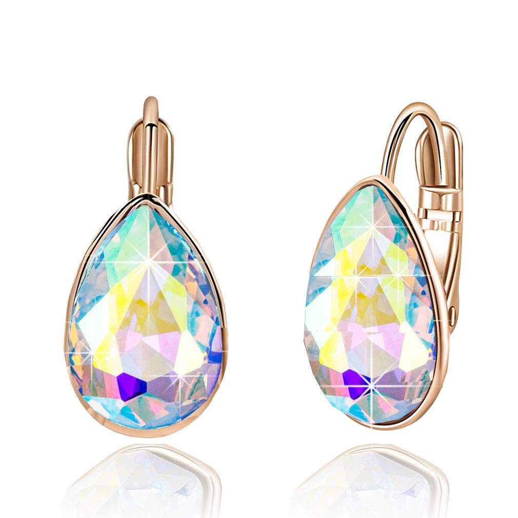 Teardrop Austrian Crystal Leverback Drop Earrings for Women 14K Rose Gold Plated Hypoallergenic Jewelry