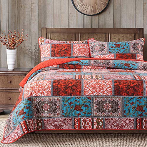 NEWLAKE Cotton Bedspread Quilt Sets-Reversible Patchwork Coverlet Set, Mediterranean Classic Bohemian Pattern,King Size