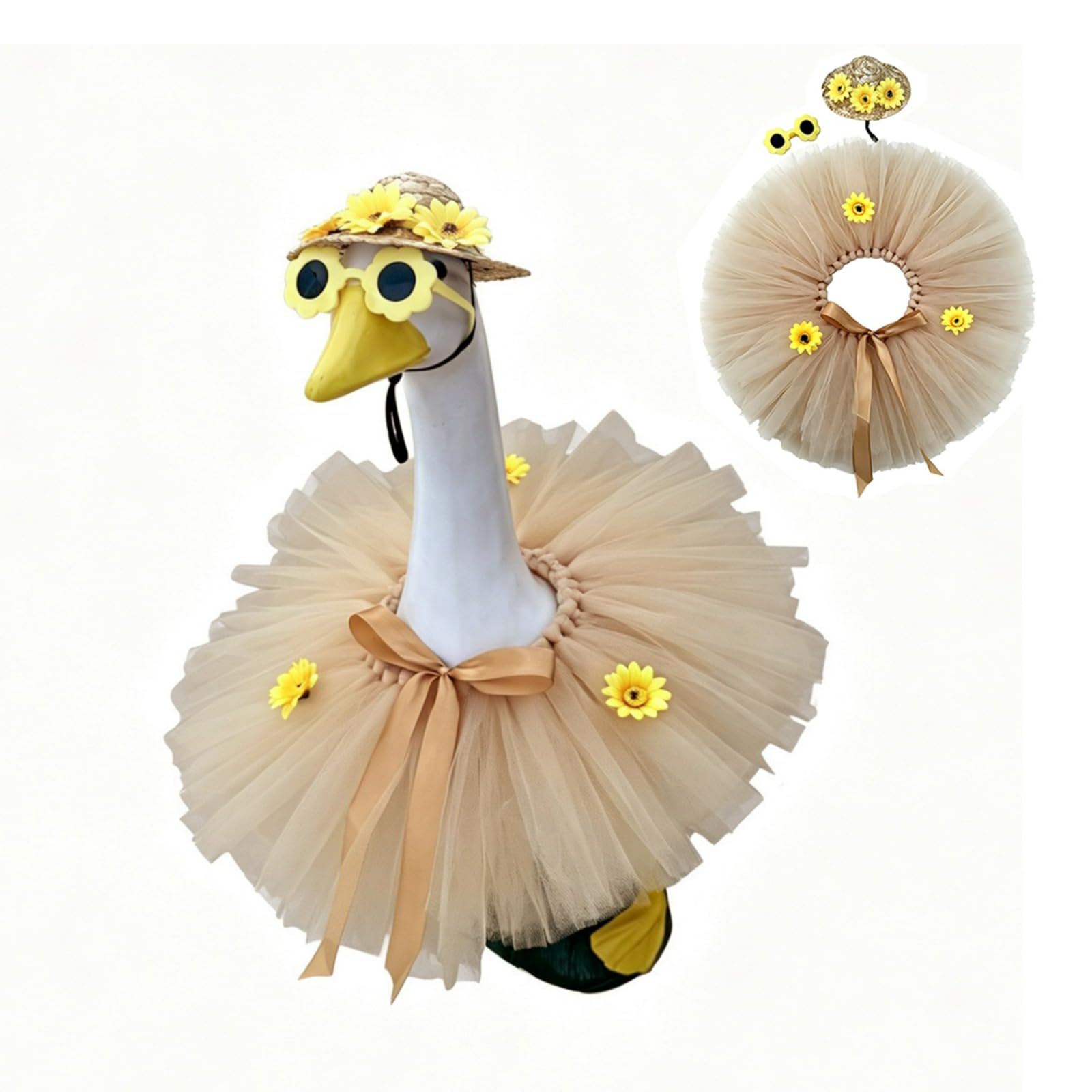 JHUAJISFC Large Spring Porch Goose Outfit for 23" Lawn Goose Statue Decor, Bee or Sunflower Dress Set with Hat & Glasses - Outdoor Garden Yard Decor