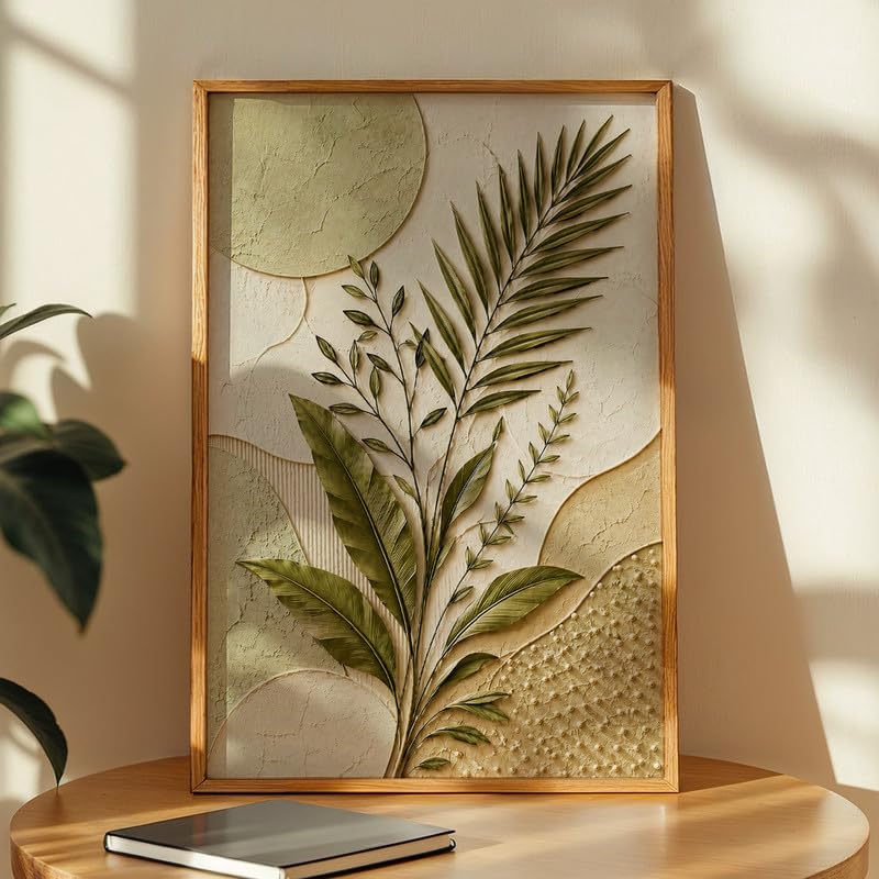 Image of NoWorries 3D Botanical Leaf Wall Painting with Frame Set of 1 | Premium Textured Green Palm Leaf Artwork, Modern Nature Wall Decor for Living Room, Bedroom, Office and Home Decoration (3d Art-4,17x25inch)