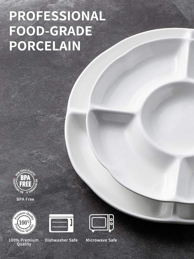 LAUCHUH Veggie Tray Set of 2, Porcelain Chip & Dip Serving Set Divided Serving Platter White Serving Tray for Mother's Day Party, Fruits, Veggies, Candy, Snack, Dessert, 12 inch