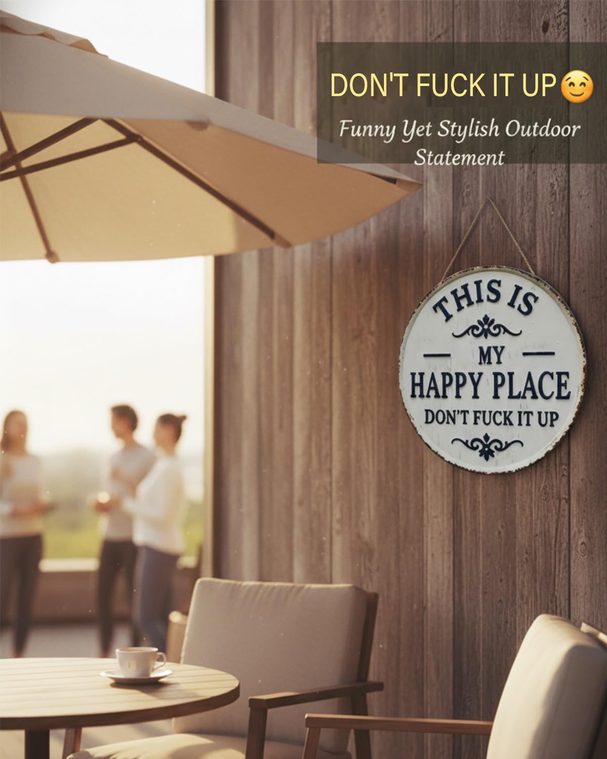 Happy Place – Vintage Statement Metal Sign,“This Is My Happy Place Don’t Fuck It Up” Round Garden Wall Decor, Hanging Decorative Signs & Plaques, For Front Door Home Office Bedroom Kitchen(Large) - 4