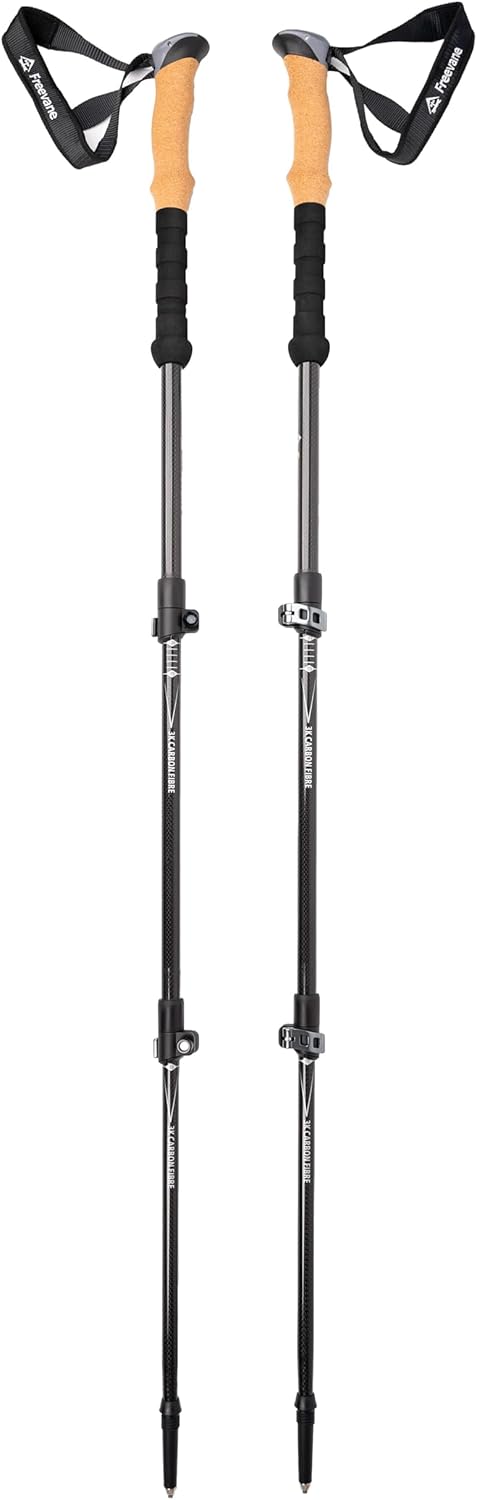 3K Carbon Fiber Trekking Poles (Pair), Telescoping Hiking Poles, Cork Grip, Metal Flip/Lever Lock, Adjustable 24.8–53.1 in, Ultralight 7.4 oz Each, Tungsten Tips, Snow/Mud Baskets & Carry Bag